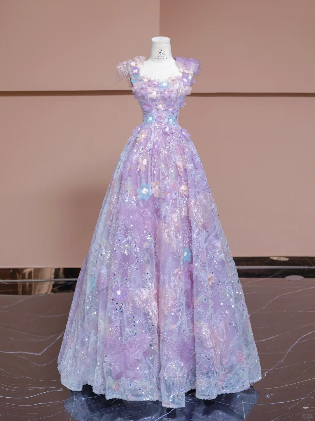 Gorgeous Purple Applique Square Neck A-Line Tulle Long Prom Dresses Sweet 16 Evening Dress  RF0609
