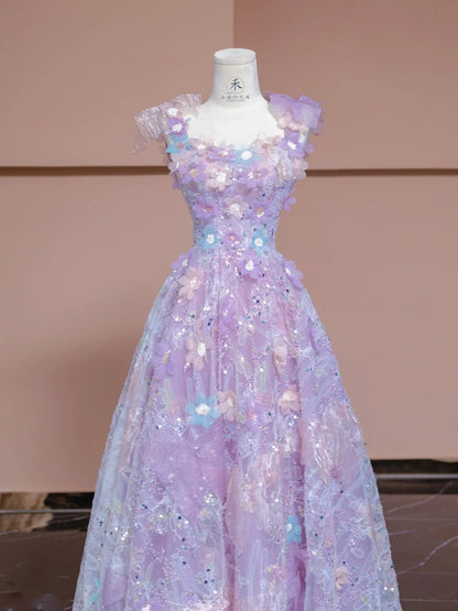Gorgeous Purple Applique Square Neck A-Line Tulle Long Prom Dresses Sweet 16 Evening Dress  RF0609