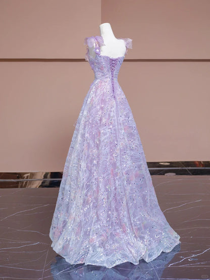Gorgeous Purple Applique Square Neck A-Line Tulle Long Prom Dresses Sweet 16 Evening Dress  RF0609