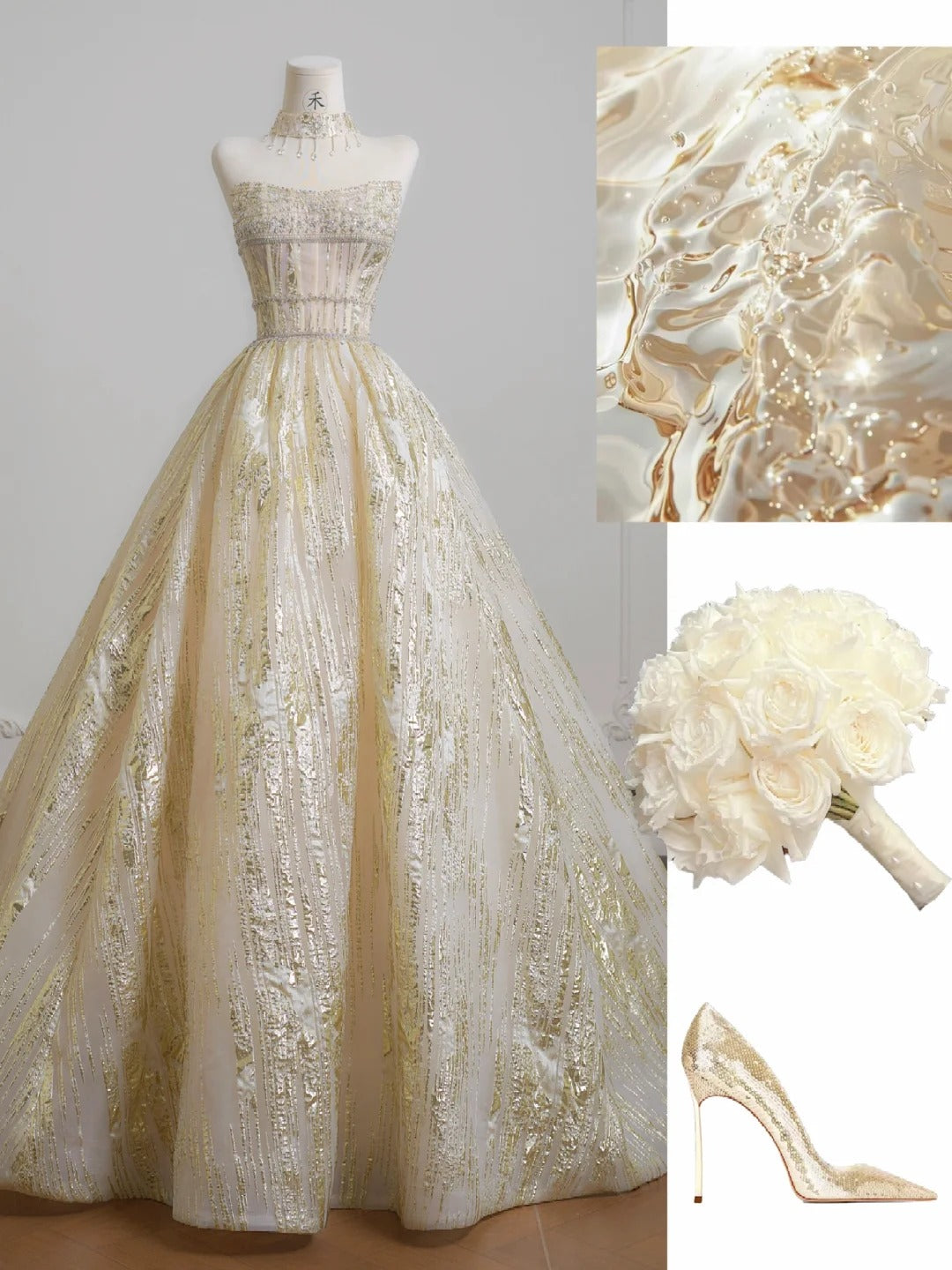 Stunning Gold Strapless A-Line Tulle Sparkling Wedding Dress Formal Evening Dress  RF0610