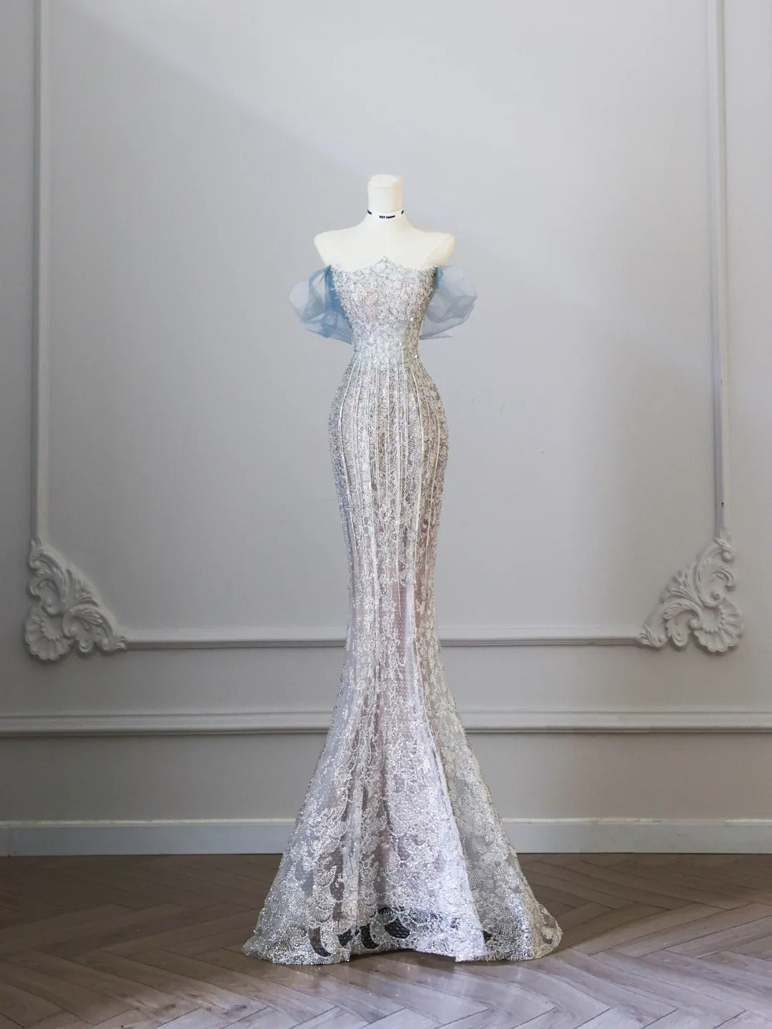 Elegant Silver Off Shoulder Mermaid Prom Dresses Beaded Tulle Evening Gown RF0612