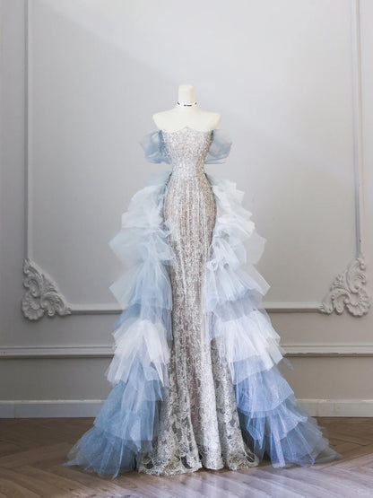 Elegant Silver Off Shoulder Mermaid Prom Dresses Beaded Tulle Evening Gown RF0612