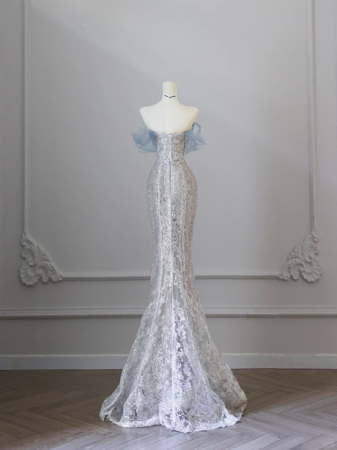 Elegant Silver Off Shoulder Mermaid Prom Dresses Beaded Tulle Evening Gown RF0612