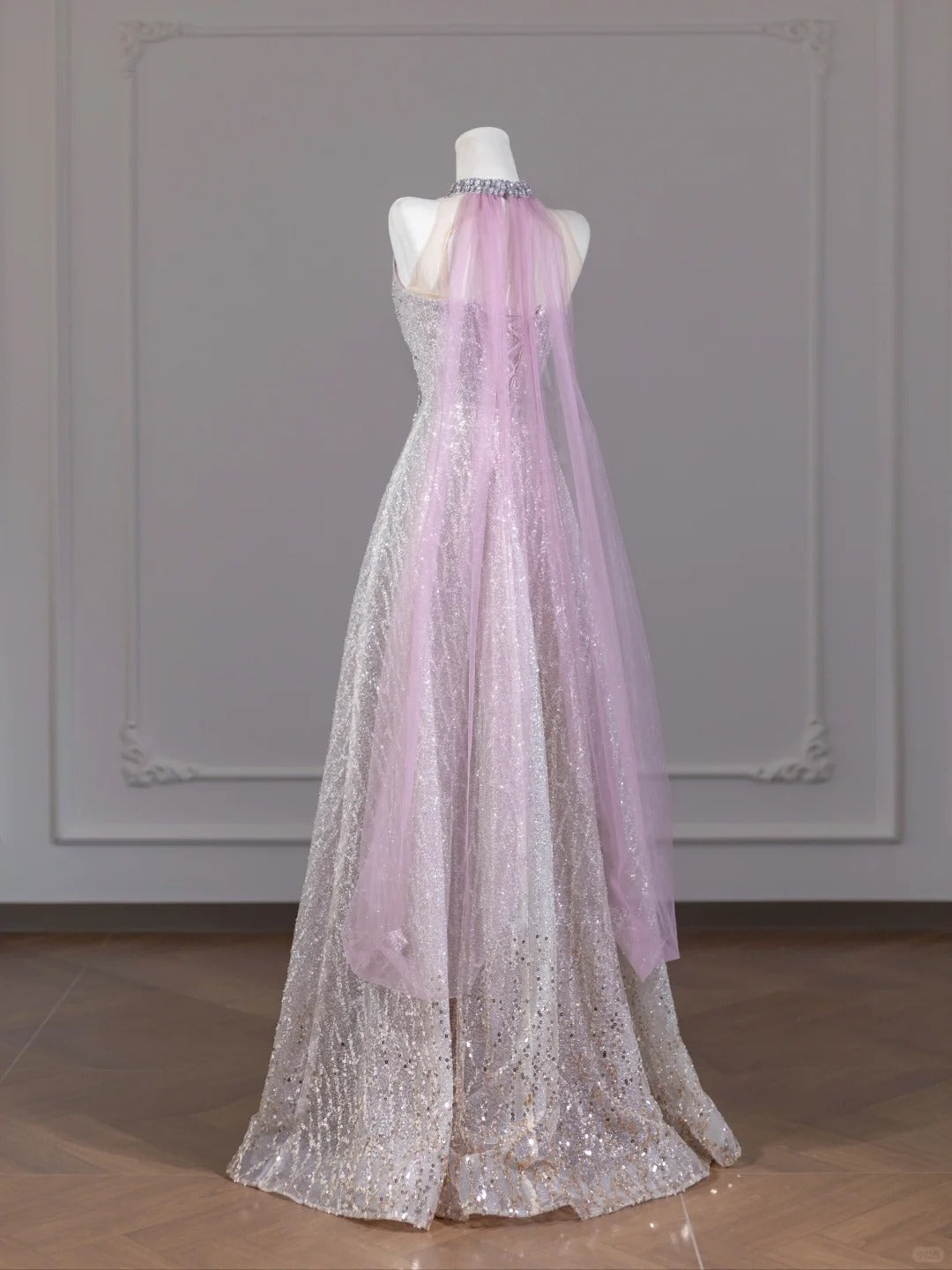 Sweet Pink V-Neck A-Line Sequined Tulle Long Prom Dresses Birthday Evening Dresses RF0613