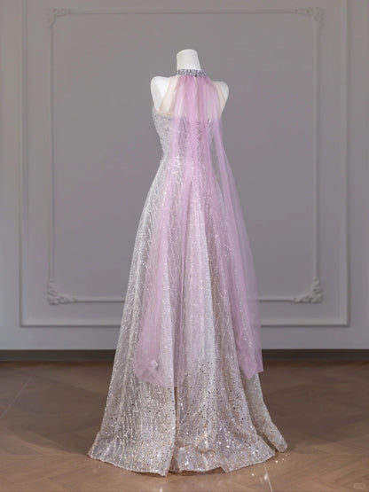 Sweet Pink V-Neck A-Line Sequined Tulle Long Prom Dresses Birthday Evening Dresses RF0613