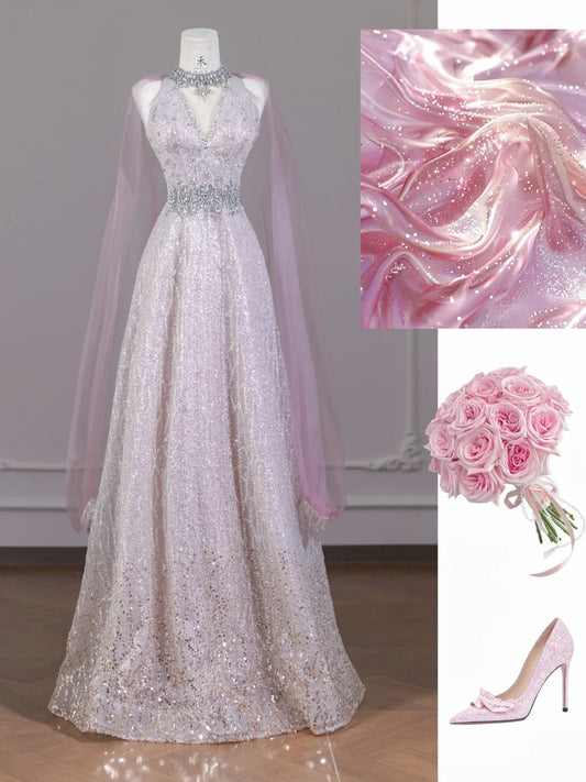 Sweet Pink V-Neck A-Line Sequined Tulle Long Prom Dresses Birthday Evening Dresses RF0613