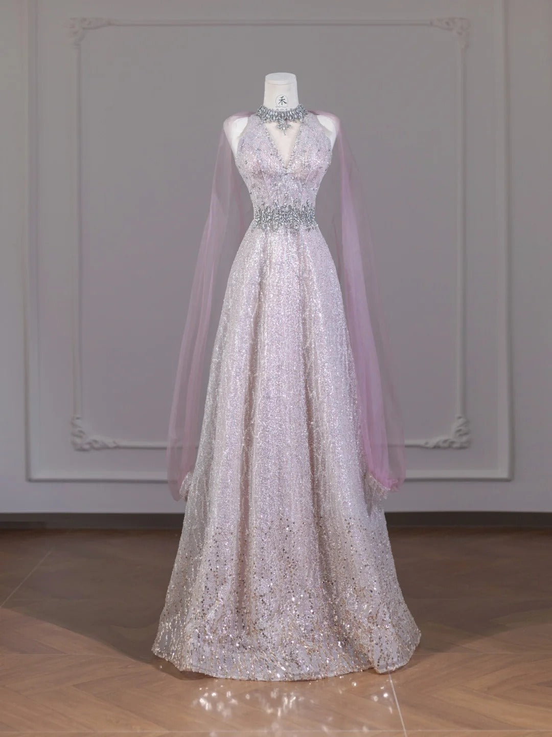 Sweet Pink V-Neck A-Line Sequined Tulle Long Prom Dresses Birthday Evening Dresses RF0613