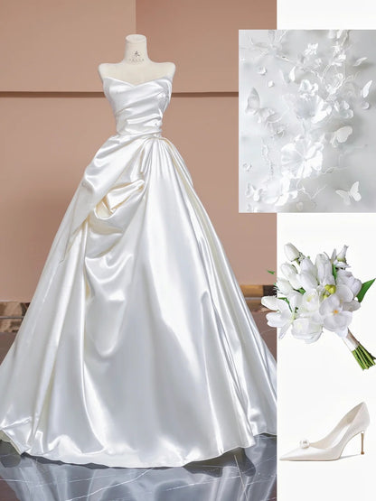 Simple White Strapless A-Line Satin Wedding Dress RF0615