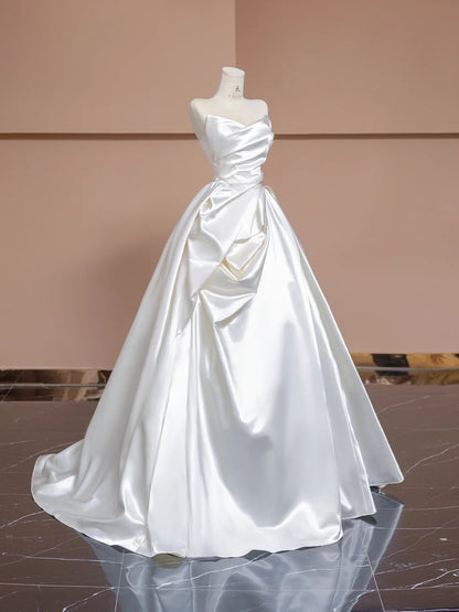 Simple White Strapless A-Line Satin Wedding Dress RF0615
