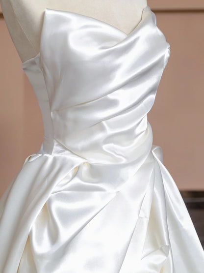 Simple White Strapless A-Line Satin Wedding Dress RF0615