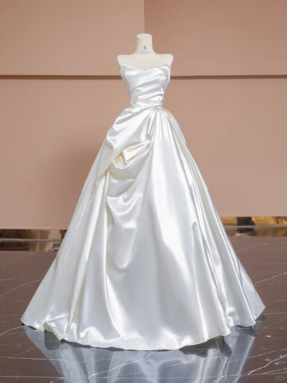 Simple White Strapless A-Line Satin Wedding Dress RF0615