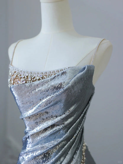 Elegant Silver Spaghetti Strap Mermaid Sequin Long Prom Dresses Formal Evening Gowns RF0616