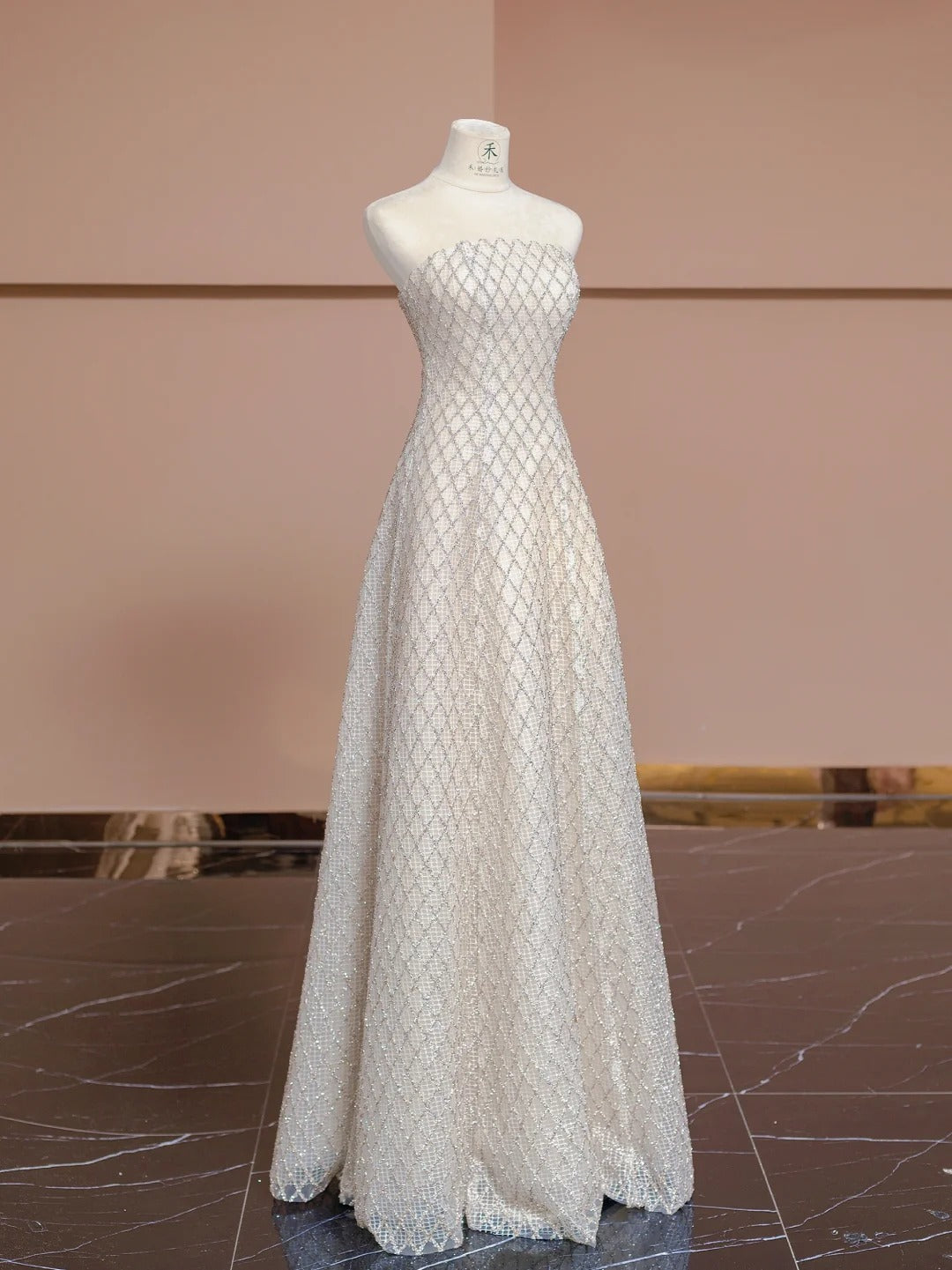 Glam Light Champagne Strapless A-Line Lace Long Prom Dresses Formal Evening Gowns RF0617