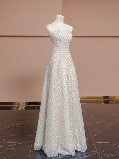 Glam Light Champagne Strapless A-Line Lace Long Prom Dresses Formal Evening Gowns RF0617