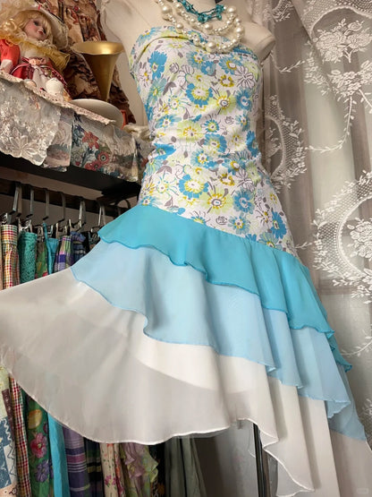 Y2K Blue Printed Chiffon Strapless A-Line Lace Long Prom Dresses Formal Evening Gowns RF0618