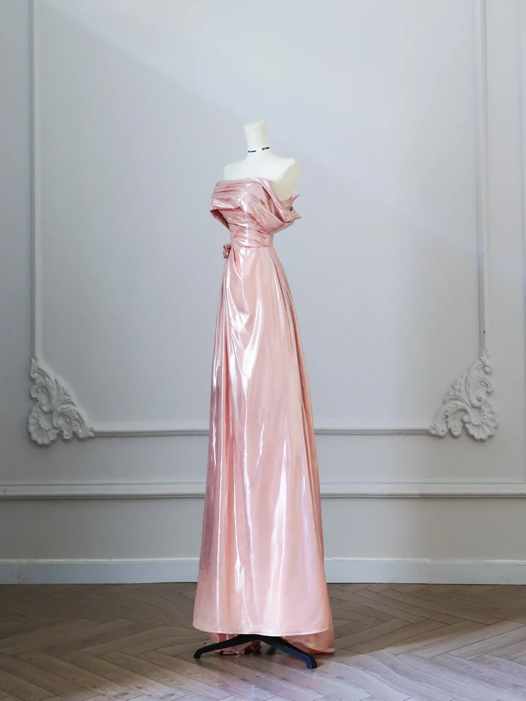 Sweet Peach Off-shoulder A-Line Satin Long Prom Dresses Formal Evening Gowns RF0620