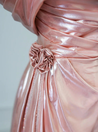 Sweet Peach Off-shoulder A-Line Satin Long Prom Dresses Formal Evening Gowns RF0620