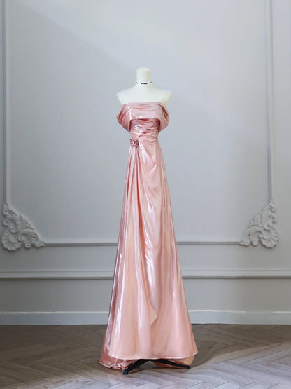 Sweet Peach Off-shoulder A-Line Satin Long Prom Dresses Formal Evening Gowns RF0620