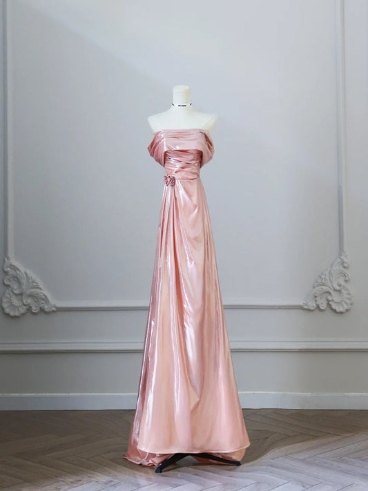 Sweet Peach Off-shoulder A-Line Satin Long Prom Dresses Formal Evening Gowns RF0620