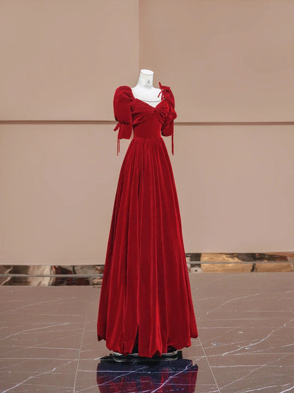 Elegant Burgundy V-neck A-Line Velvet Long Prom Dresses Formal Evening Gowns RF0621