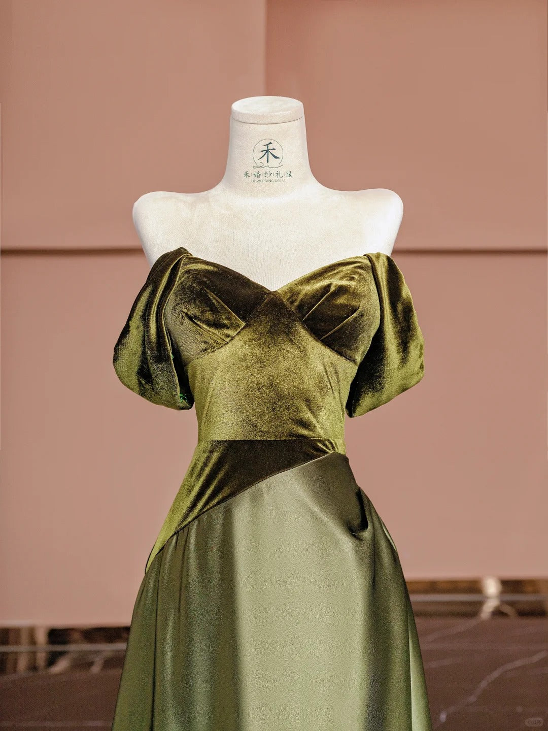 Glam Dark Olive Green Off Shoulder Satin A-Line Velvet Long Prom Dresses Formal Evening Gowns RF0622