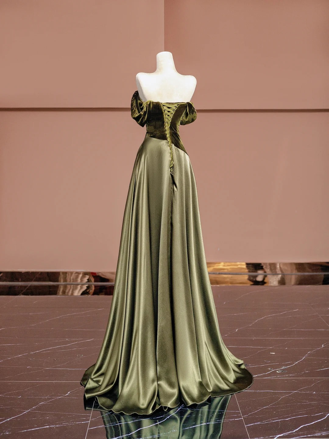 Glam Dark Olive Green Off Shoulder Satin A-Line Velvet Long Prom Dresses Formal Evening Gowns RF0622
