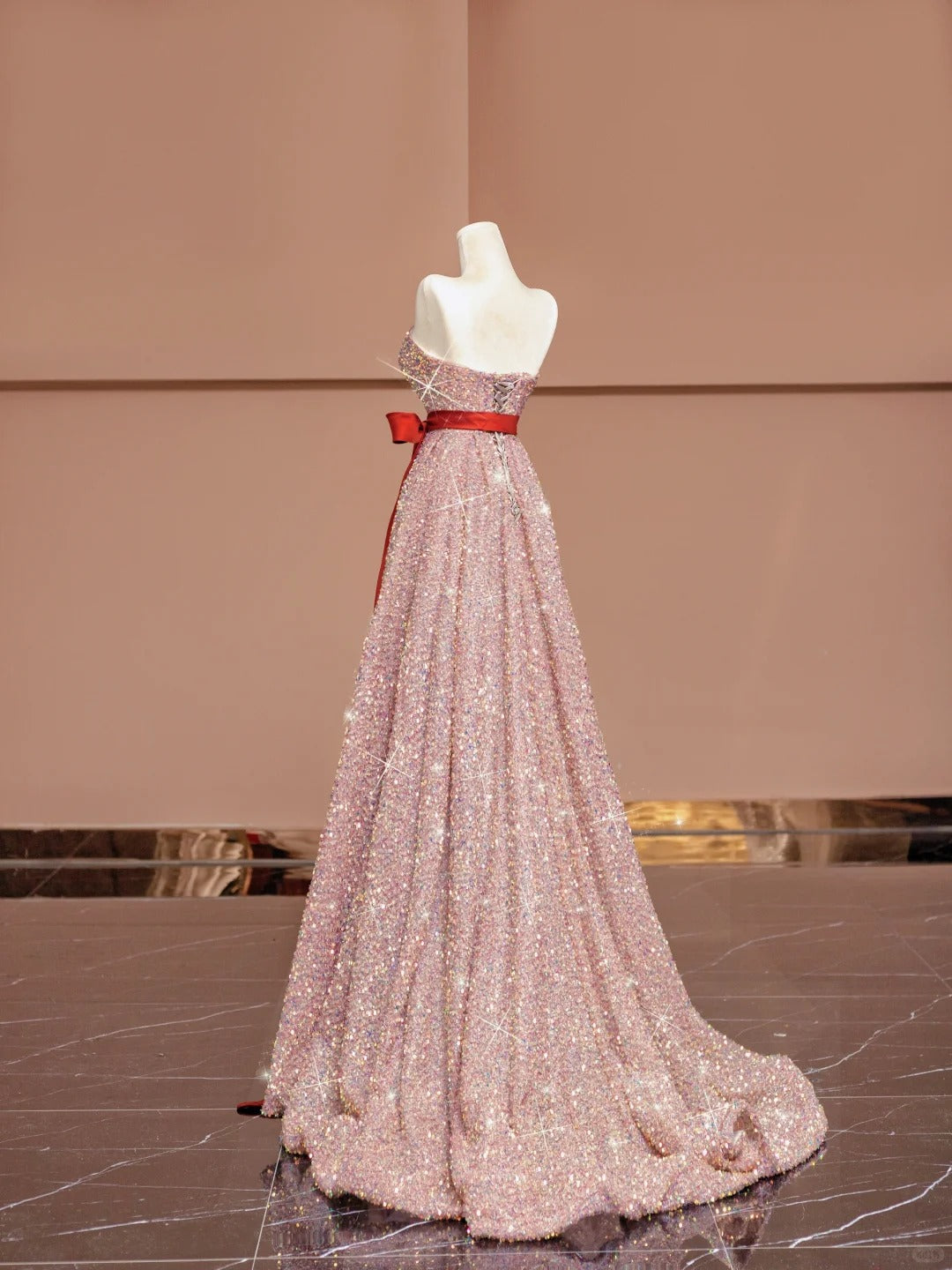 Sweet Pink Strapless A-Line Sequin Long Prom Dresses Formal Evening Gowns RF0623
