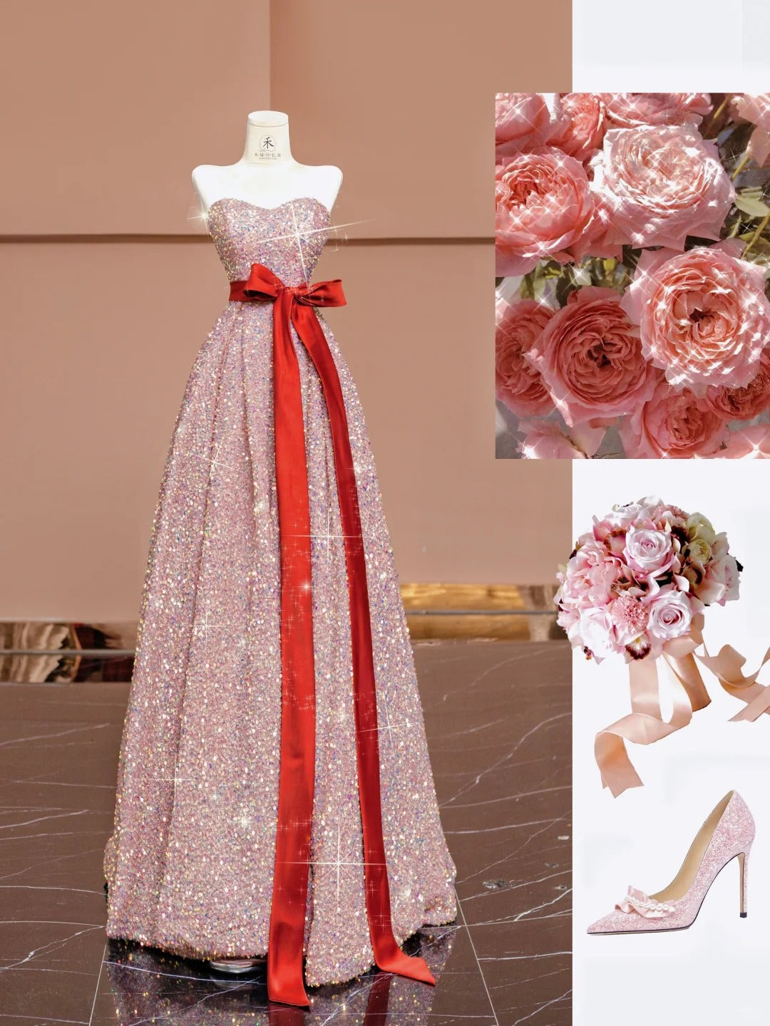 Sweet Pink Strapless A-Line Sequin Long Prom Dresses Formal Evening Gowns RF0623