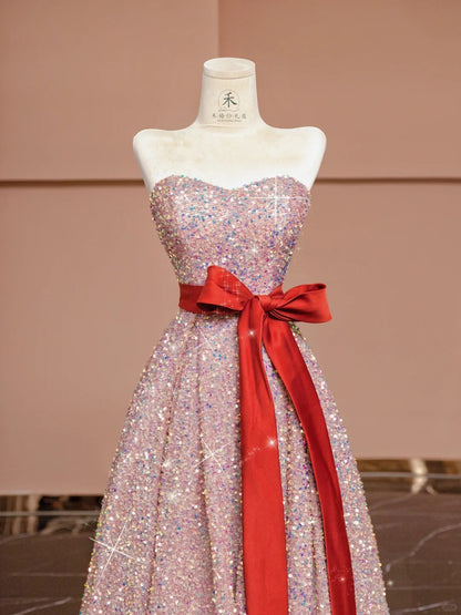 Sweet Pink Strapless A-Line Sequin Long Prom Dresses Formal Evening Gowns RF0623