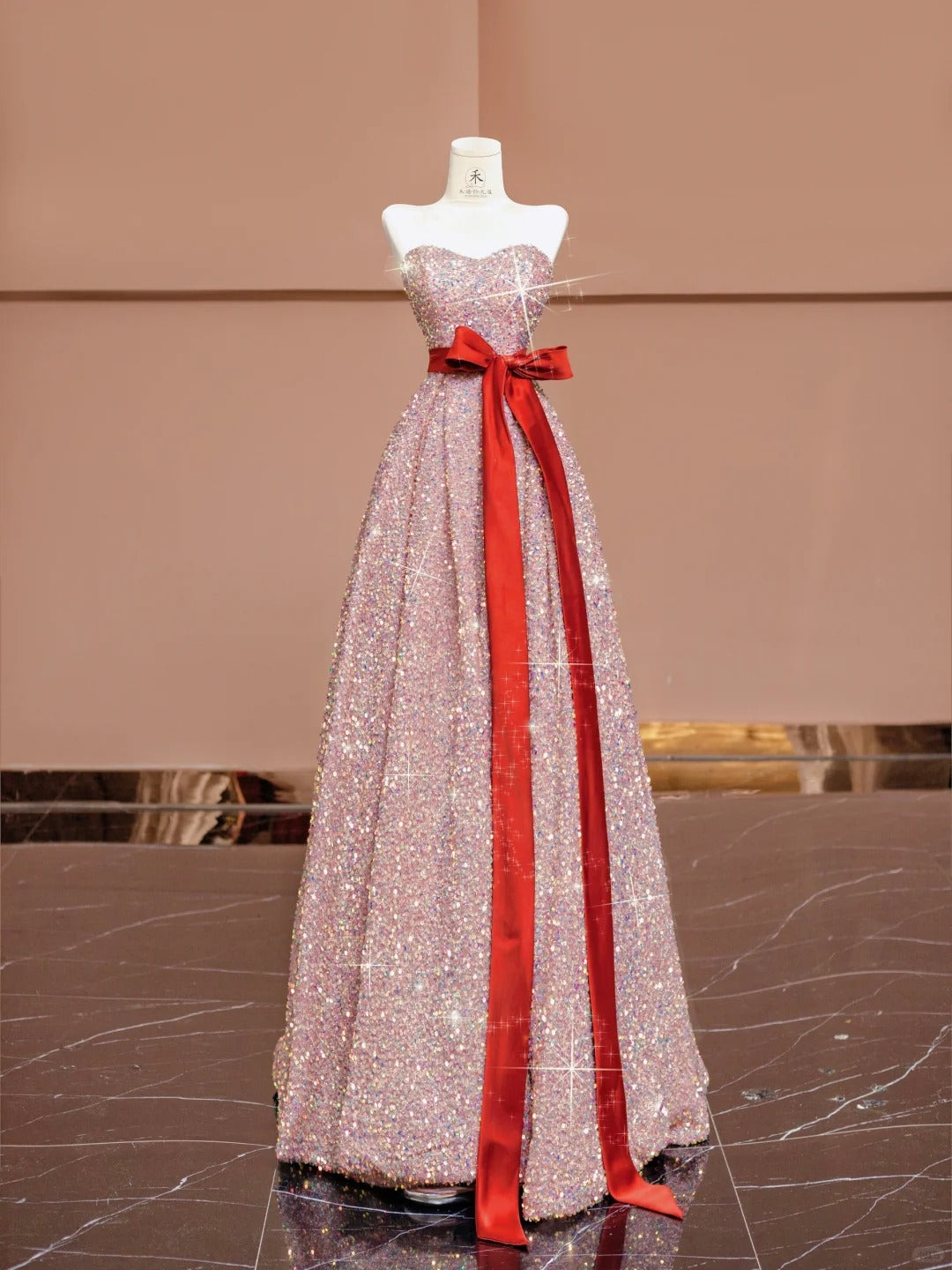 Sweet Pink Strapless A-Line Sequin Long Prom Dresses Formal Evening Gowns RF0623