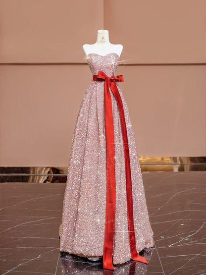 Sweet Pink Strapless A-Line Sequin Long Prom Dresses Formal Evening Gowns RF0623