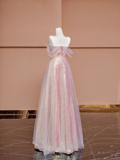 Gorgeous Pink Off-the-shoulder Tulle A-Line Sequin Wedding Dress Formal Evening Gowns RF0624