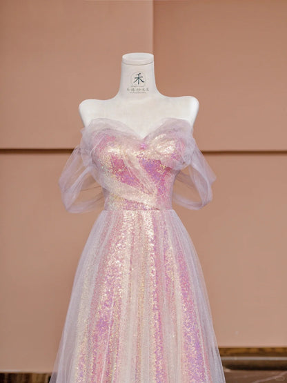 Gorgeous Pink Off-the-shoulder Tulle A-Line Sequin Wedding Dress Formal Evening Gowns RF0624
