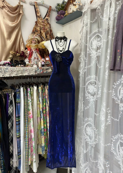 Elegant Royal Blue Spaghetti Straps Sheath Velvet Prom Dresses Formal Evening Gowns RF0627