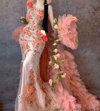 Fairytale Orange Crew Neck Mermaid Tulle Applique Long Prom Dresses Formal Evening Gowns RF0628