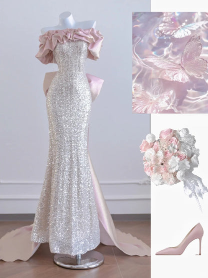 Gorgeous Off Shoulder Silver Sequin Mermaid Pink Satin Long Prom Dresses Formal Evening Gowns RF0629