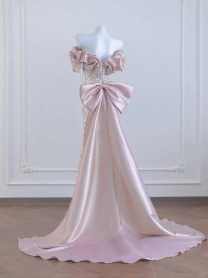 Gorgeous Off Shoulder Silver Sequin Mermaid Pink Satin Long Prom Dresses Formal Evening Gowns RF0629