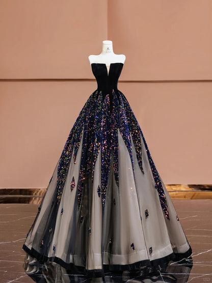 Elegant Black Strapless A-Line Velvet Sequin Long Prom Dresses Formal Evening Gowns RF0630