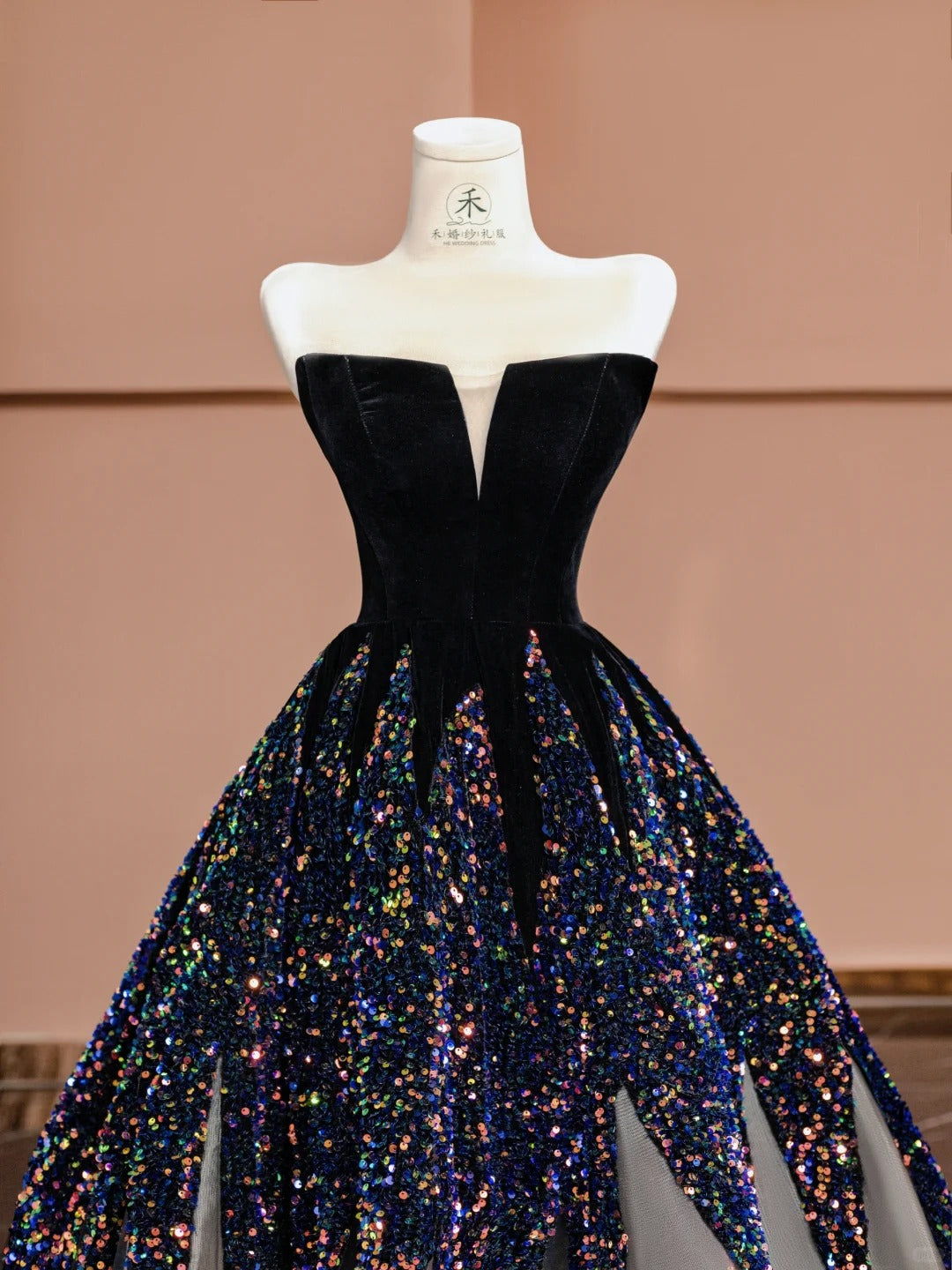 Elegant Black Strapless A-Line Velvet Sequin Long Prom Dresses Formal Evening Gowns RF0630