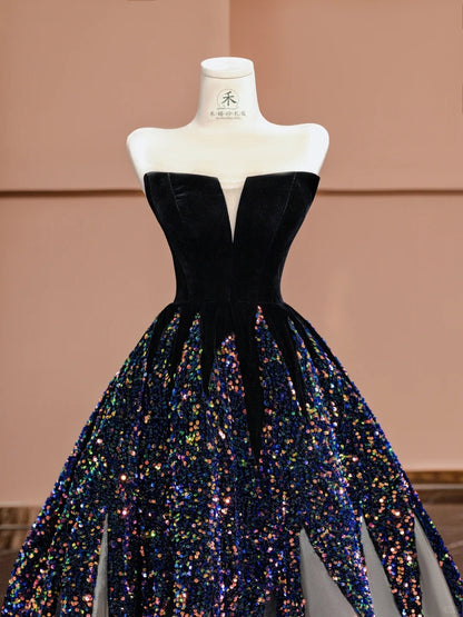 Elegant Black Strapless A-Line Velvet Sequin Long Prom Dresses Formal Evening Gowns RF0630