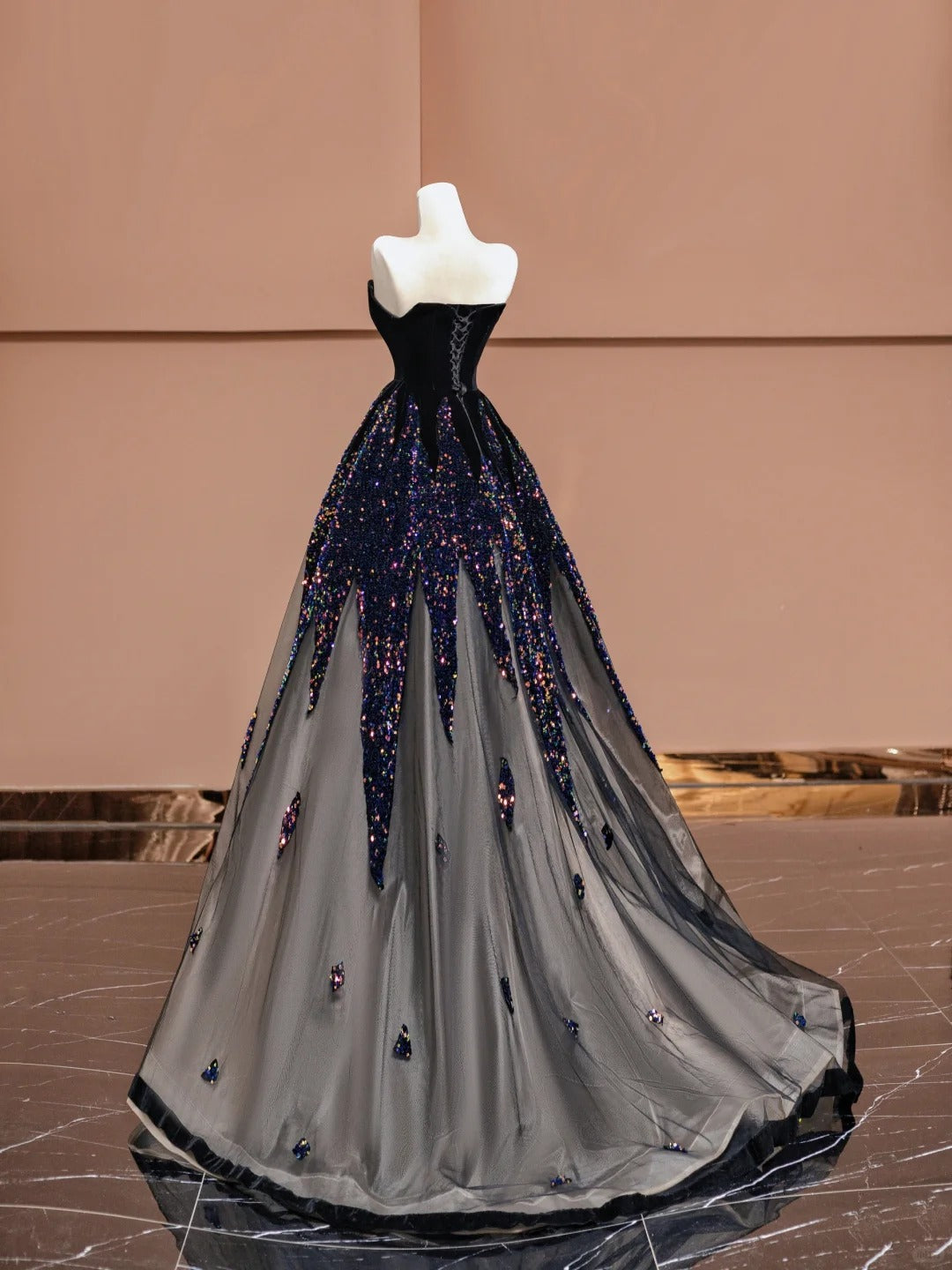 Elegant Black Strapless A-Line Velvet Sequin Long Prom Dresses Formal Evening Gowns RF0630
