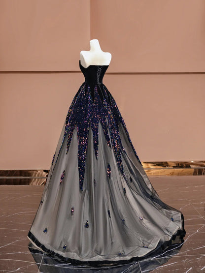 Elegant Black Strapless A-Line Velvet Sequin Long Prom Dresses Formal Evening Gowns RF0630