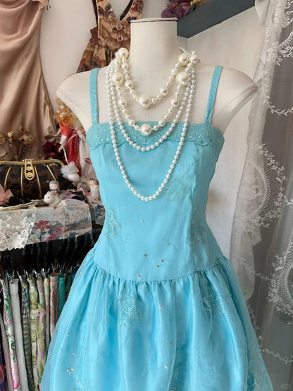 Vintage Blue Party Dress Spaghetti Straps A-Line Tulle Evening Gowns RF0631
