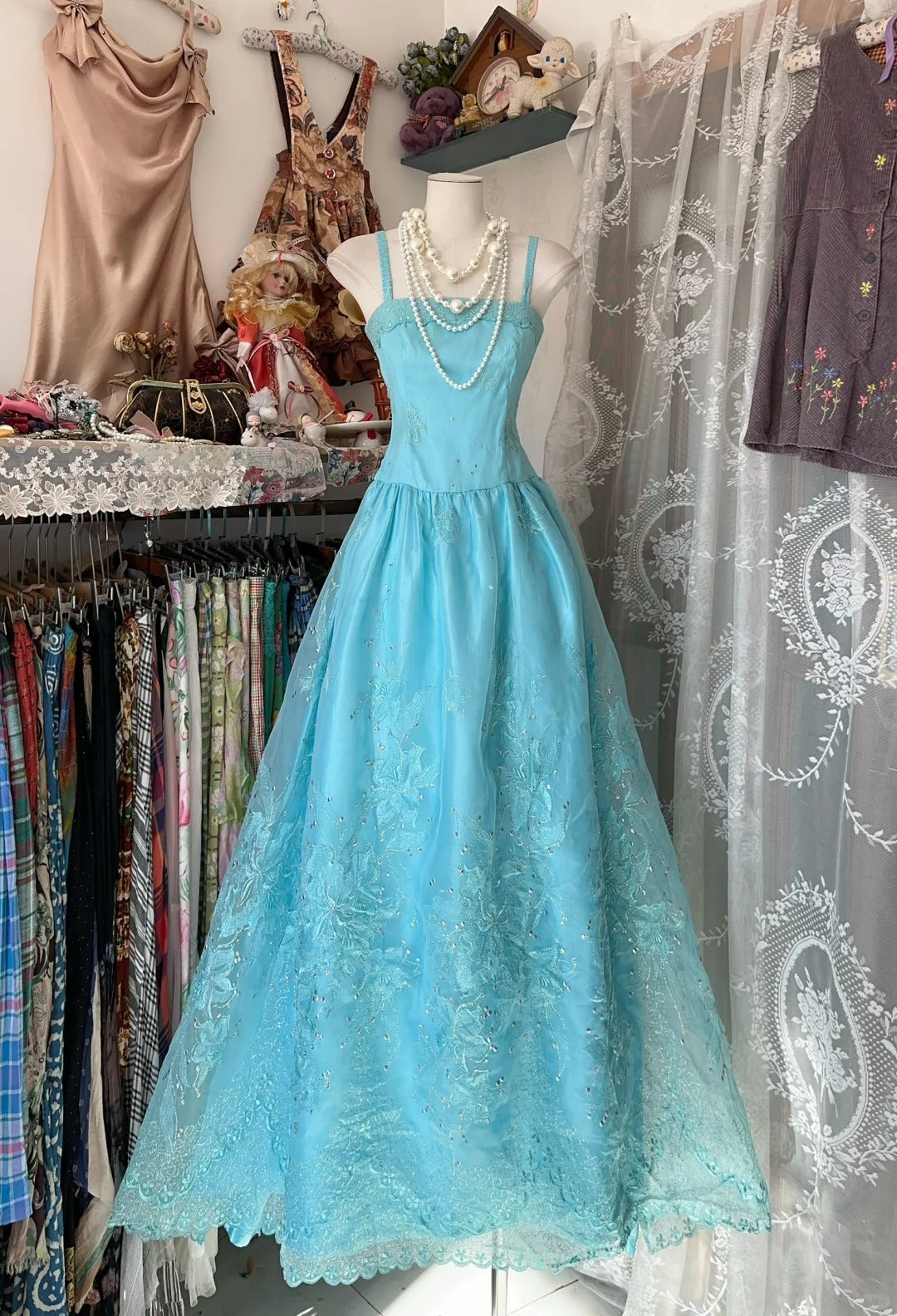 Vintage Blue Party Dress Spaghetti Straps A-Line Tulle Evening Gowns RF0631