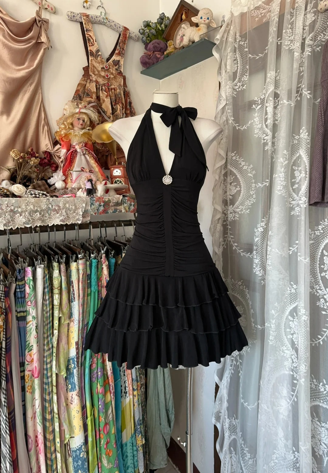 Elegant Black Backless Party Dress V-Neck A-Line Layered Chiffon Evening Gowns RF0632