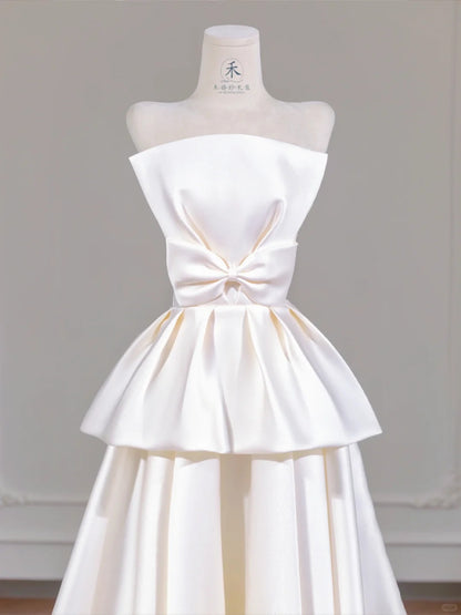Simple Light Champagne Strapless Satin A-Line Wedding Dress RF0633