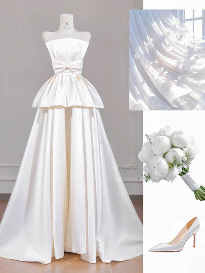 Simple Light Champagne Strapless Satin A-Line Wedding Dress RF0633