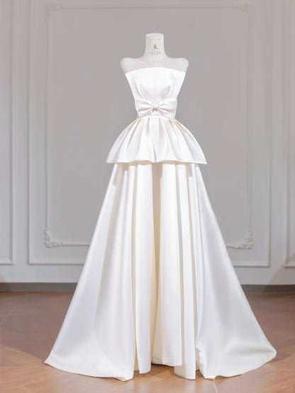 Simple Light Champagne Strapless Satin A-Line Wedding Dress RF0633