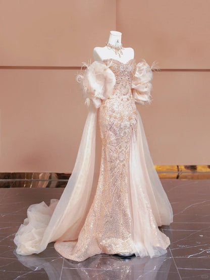 Gorgeous Light Blush Strapless Mermaid Beaded Sequin Tulle Long Prom Dresses Formal Evening Gowns RF0635