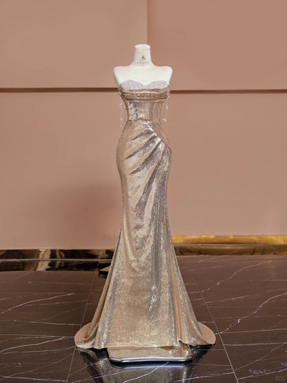 Stunning Strapless Gold Mermaid Sequin Long Prom Dresses Formal Evening Gowns RF0636